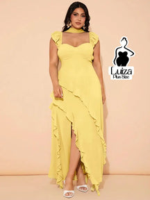 Vestido Longo Assimétrico Babados Laço Nas Costas Plus Size