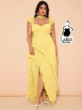 Vestido Longo Assimétrico Babados Laço Nas Costas Plus Size