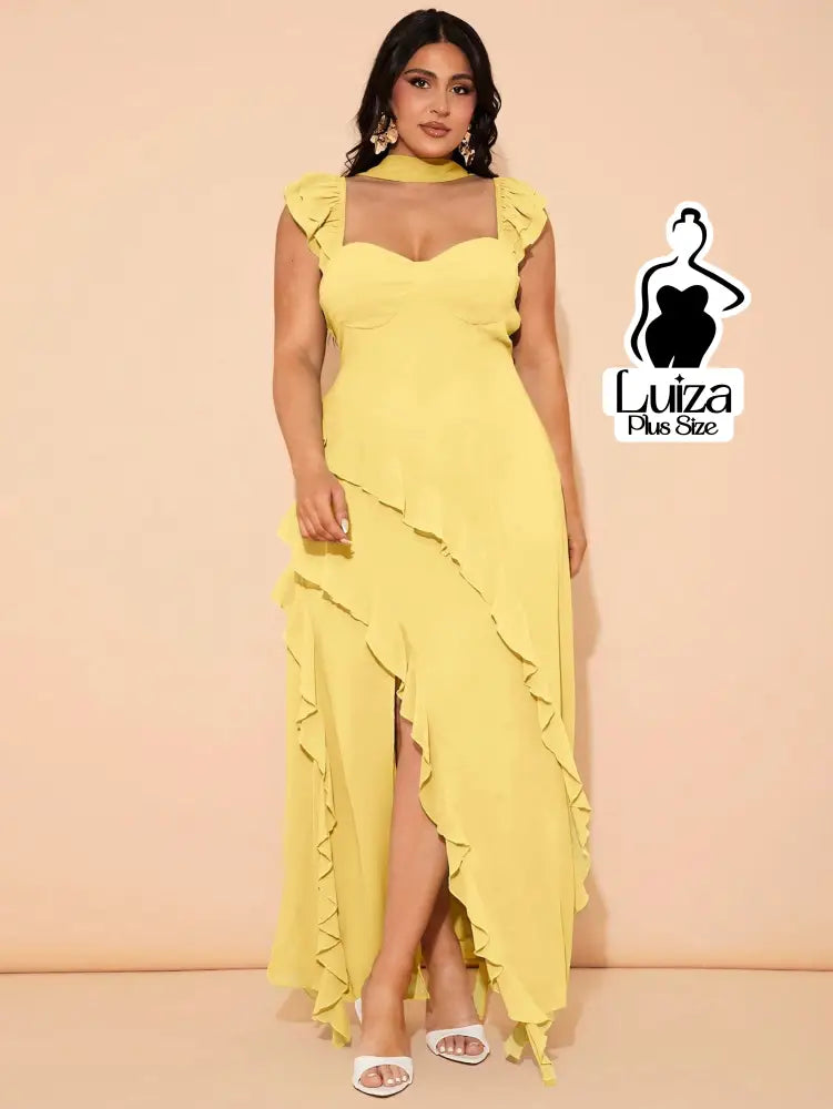 Vestido Longo Assimétrico Babados Laço Nas Costas Plus Size