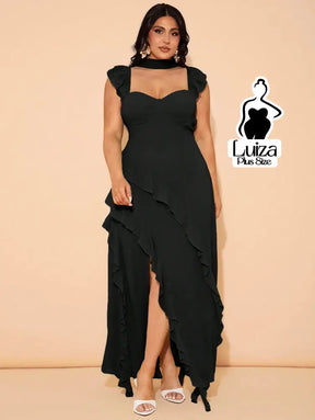 Vestido Longo Assimétrico Babados Laço Nas Costas Plus Size