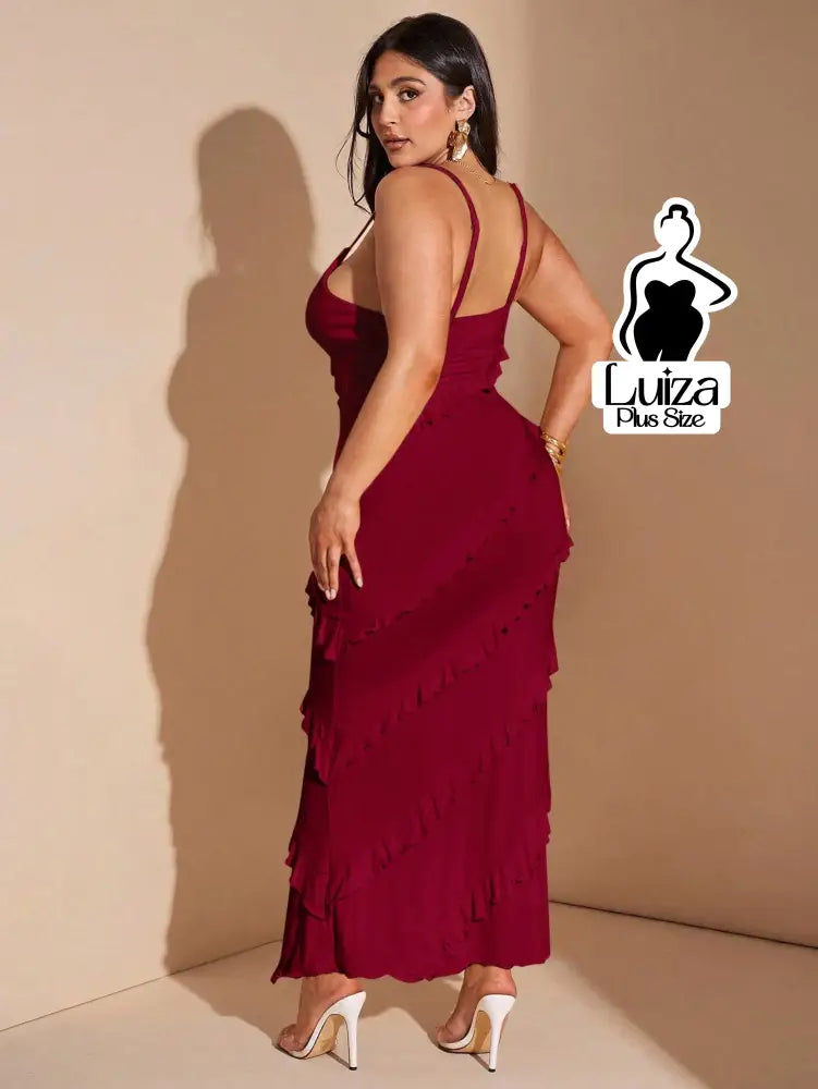 Vestido Longo Babados Diagonais Alça Fina Plus Size