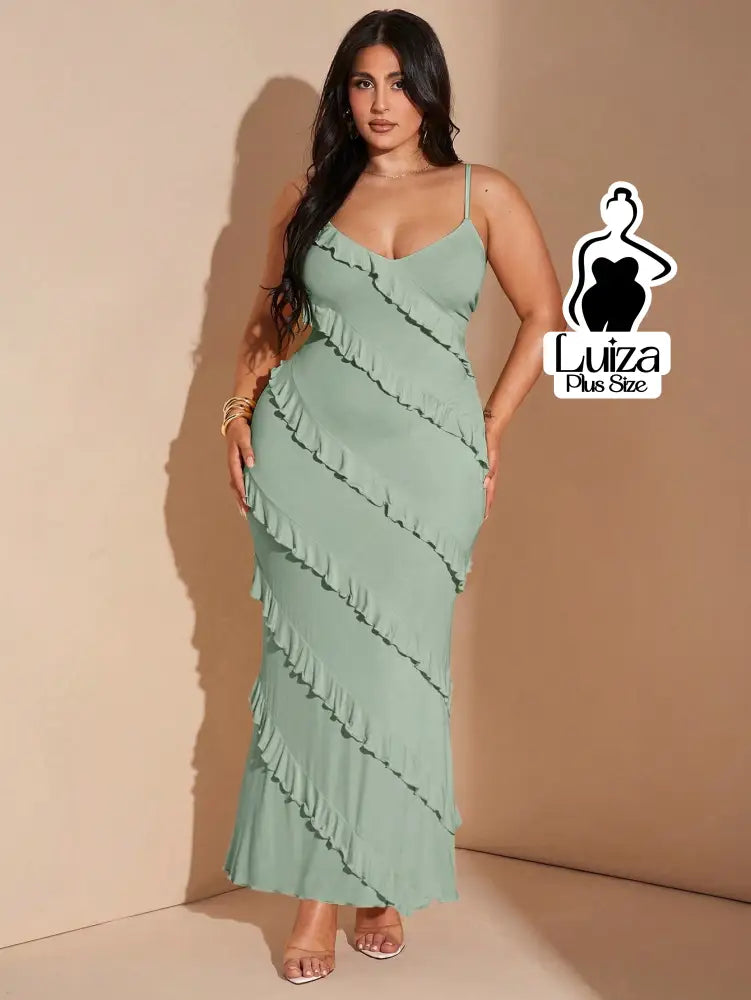 Vestido Longo Babados Diagonais Alça Fina Plus Size