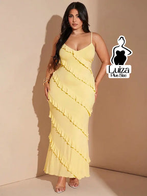 Vestido Longo Babados Diagonais Alça Fina Plus Size