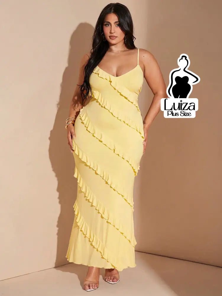 Vestido Longo Babados Diagonais Alça Fina Plus Size