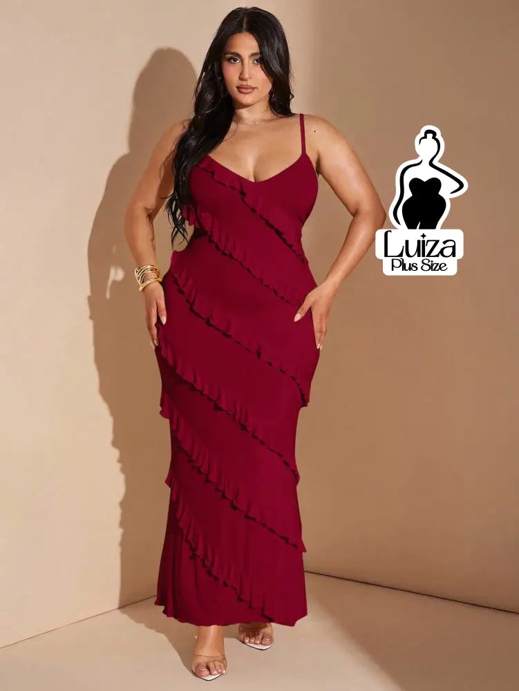 Vestido Longo Babados Diagonais Alça Fina Plus Size