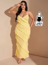 Vestido Longo Babados Diagonais Alça Fina Plus Size