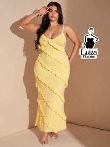 Vestido Longo Babados Diagonais Alça Fina Plus Size