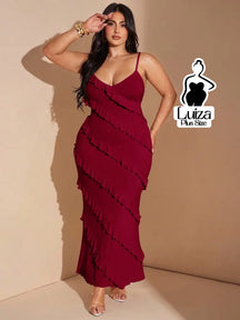 Vestido Longo Babados Diagonais Alça Fina Plus Size
