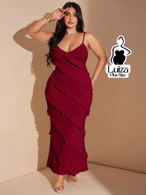 Vestido Longo Babados Diagonais Alça Fina Plus Size