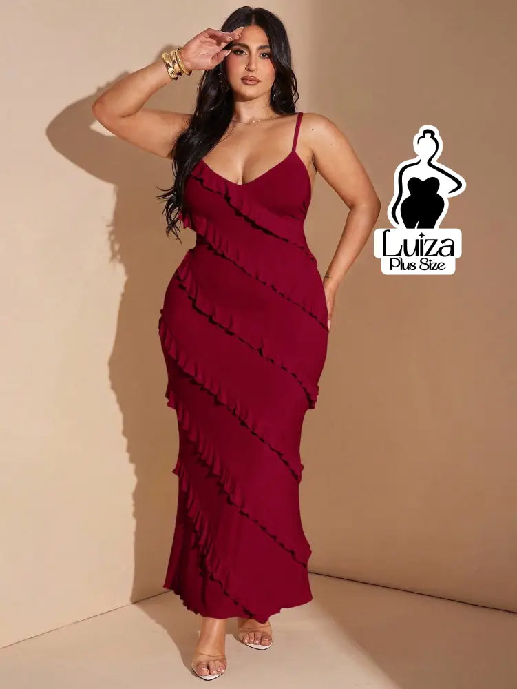 Vestido Longo Babados Diagonais Alça Fina Plus Size