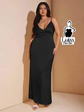 Vestido Longo Cetim Decote V Alça Fina Plus Size