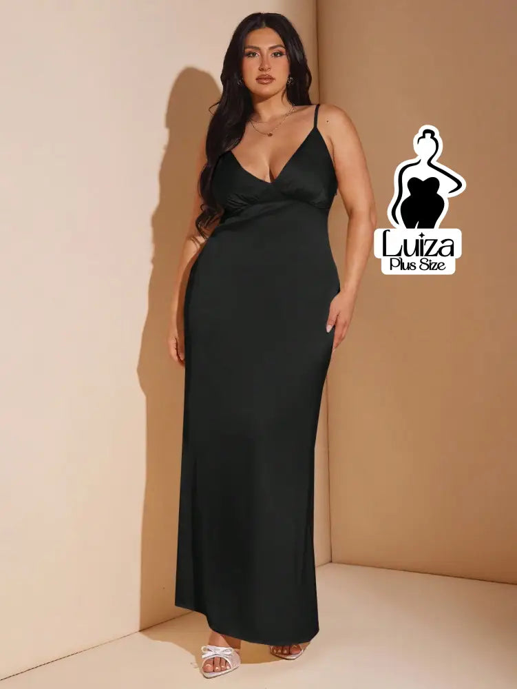 Vestido Longo Cetim Decote V Alça Fina Plus Size