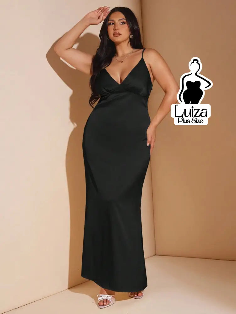Vestido Longo Cetim Decote V Alça Fina Plus Size
