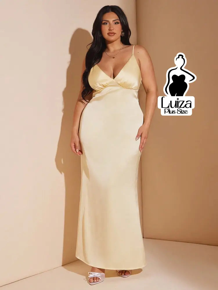 Vestido Longo Cetim Decote V Alça Fina Plus Size