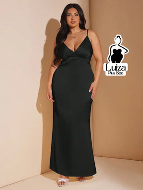 Vestido Longo Cetim Decote V Alça Fina Plus Size