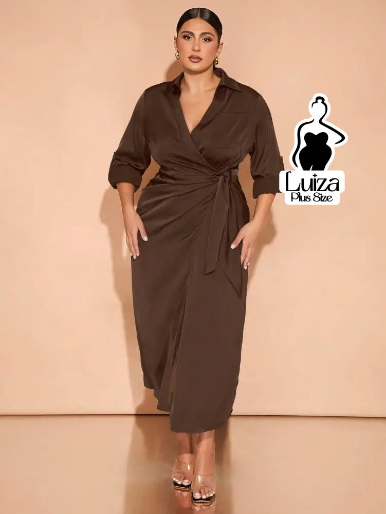 Vestido Longo Chemise Transpassado Amarração Lateral Plus Size