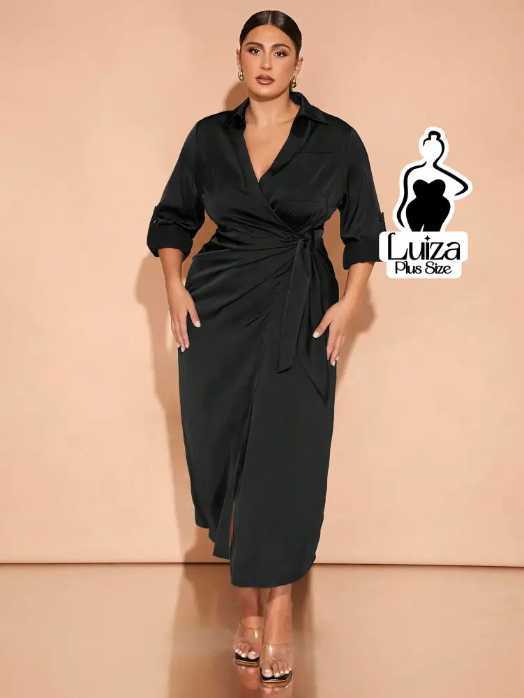 Vestido Longo Chemise Transpassado Amarração Lateral Plus Size