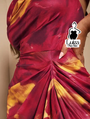 Vestido Longo Estampado Fenda Decote Drapeado Plus Size