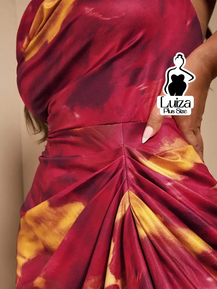 Vestido Longo Estampado Fenda Decote Drapeado Plus Size