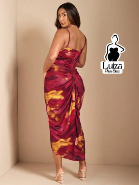 Vestido Longo Estampado Fenda Decote Drapeado Plus Size