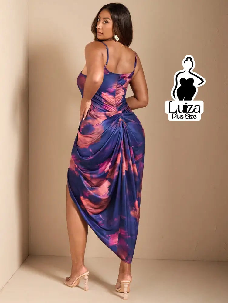 Vestido Longo Estampado Fenda Decote Drapeado Plus Size