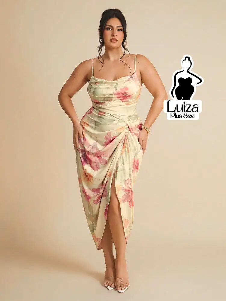 Vestido Longo Estampado Fenda Decote Drapeado Plus Size