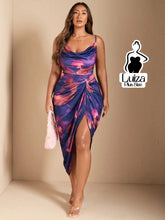 Vestido Longo Estampado Fenda Decote Drapeado Plus Size