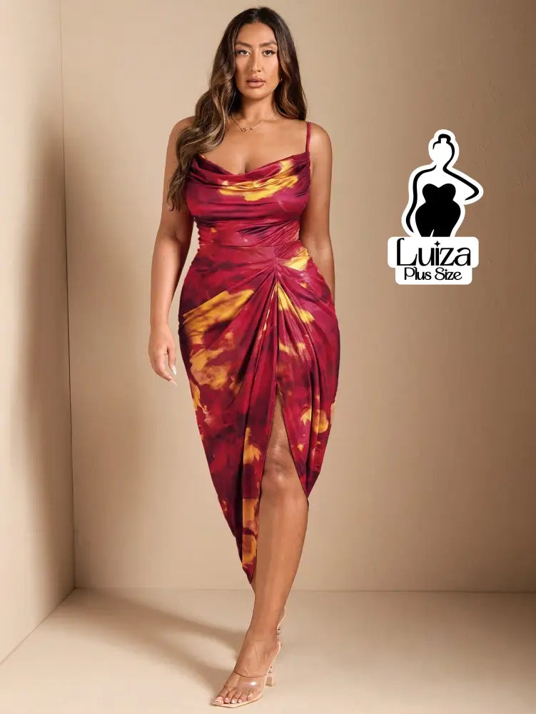 Vestido Longo Estampado Fenda Decote Drapeado Plus Size