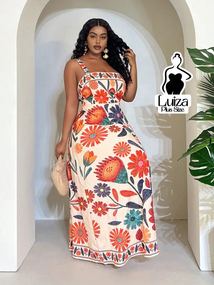 Vestido Longo Estampado Floral Alças Largas Plus Size