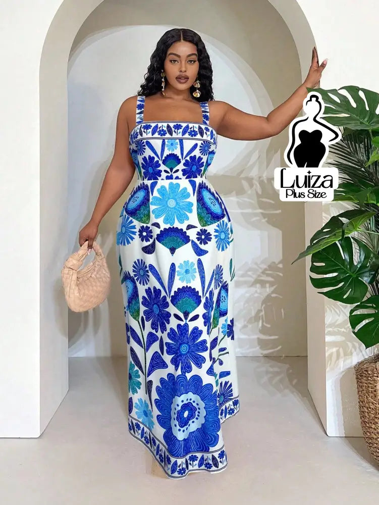 Vestido Longo Estampado Floral Alças Largas Plus Size