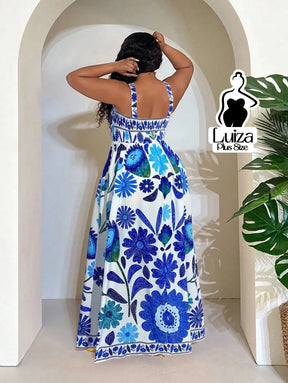 Vestido Longo Estampado Floral Alças Largas Plus Size