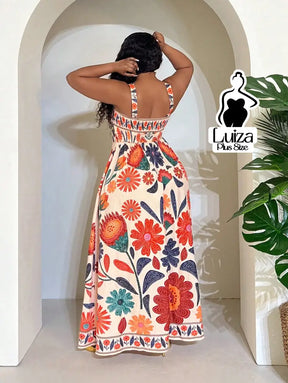 Vestido Longo Estampado Floral Alças Largas Plus Size