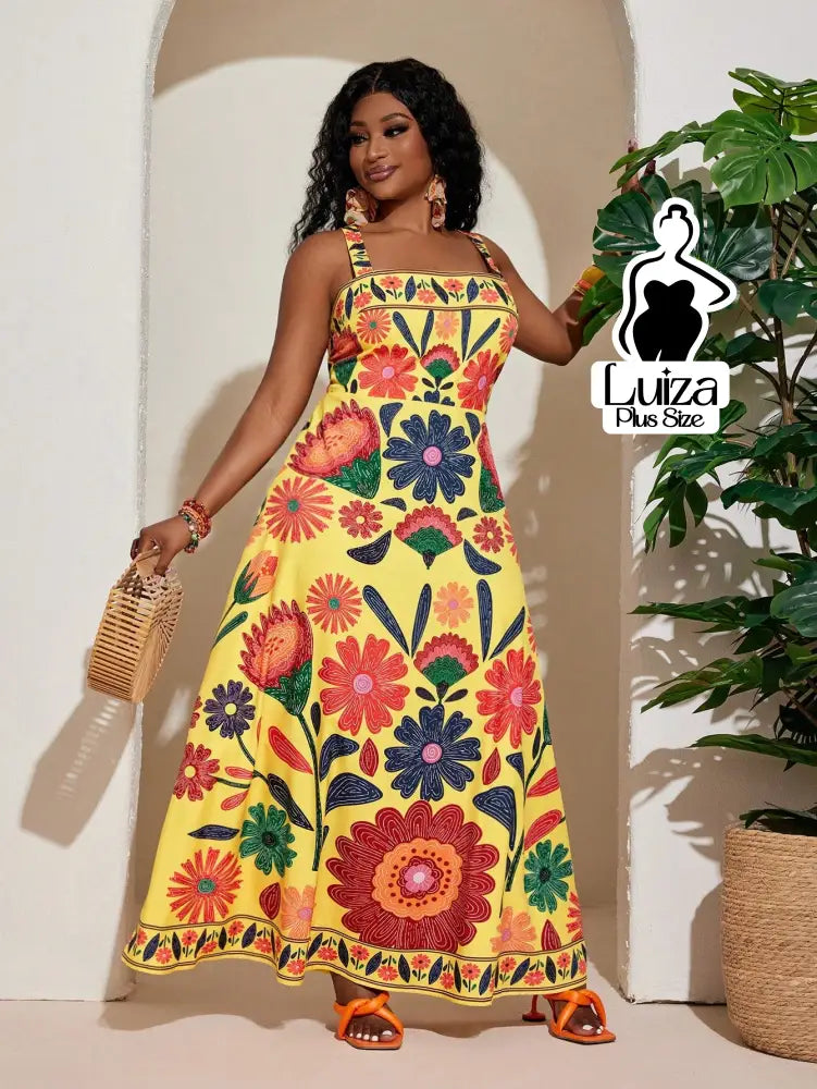 Vestido Longo Estampado Floral Alças Largas Plus Size