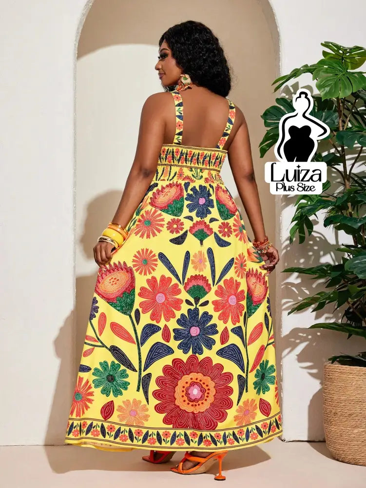 Vestido Longo Estampado Floral Alças Largas Plus Size
