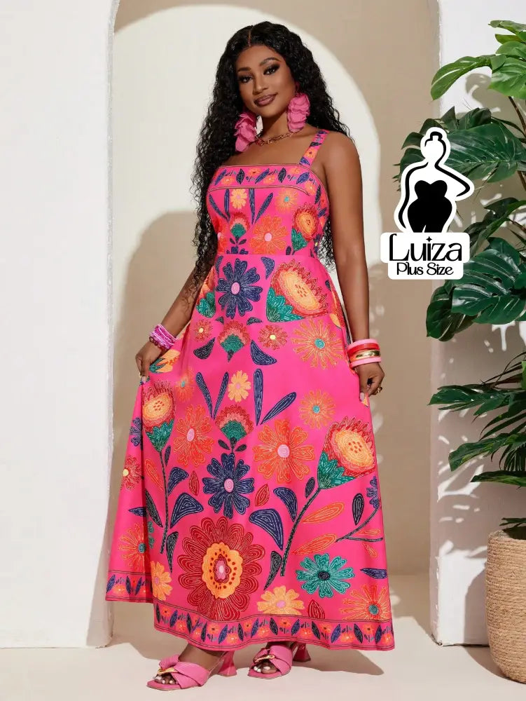 Vestido Longo Estampado Floral Alças Largas Plus Size