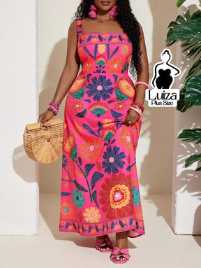 Vestido Longo Estampado Floral Alças Largas Plus Size