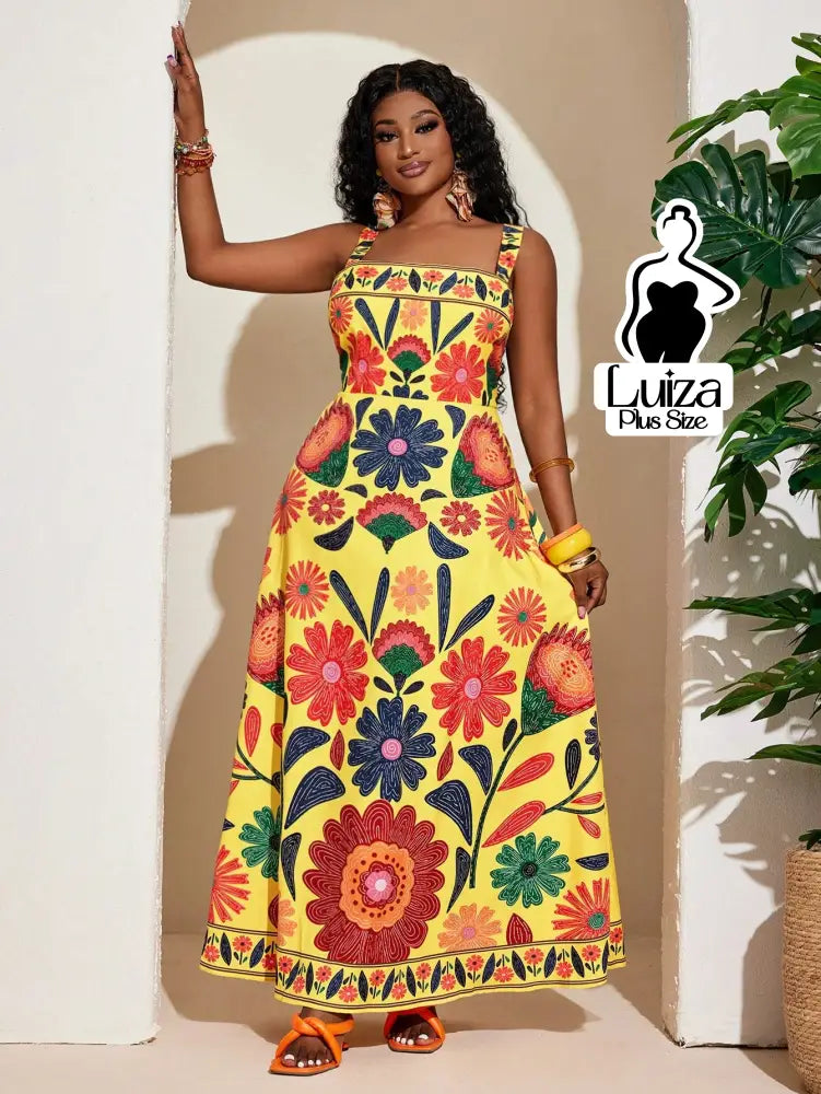 Vestido Longo Estampado Floral Alças Largas Plus Size