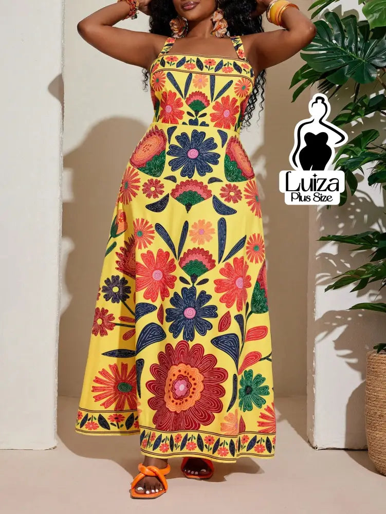 Vestido Longo Estampado Floral Alças Largas Plus Size