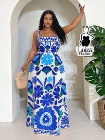 Vestido Longo Estampado Floral Alças Largas Plus Size