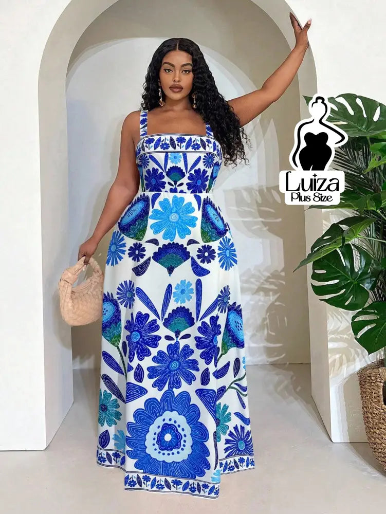Vestido Longo Estampado Floral Alças Largas Plus Size