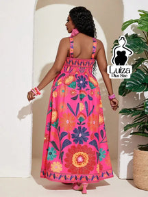 Vestido Longo Estampado Floral Alças Largas Plus Size