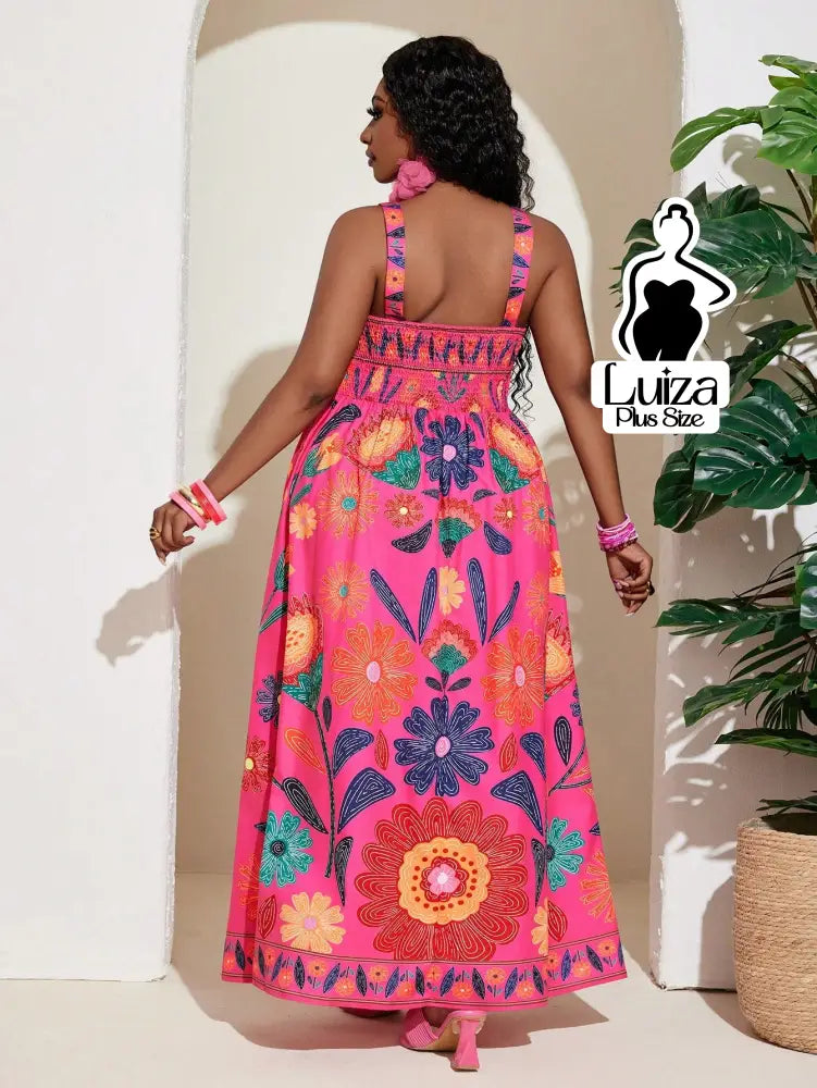 Vestido Longo Estampado Floral Alças Largas Plus Size