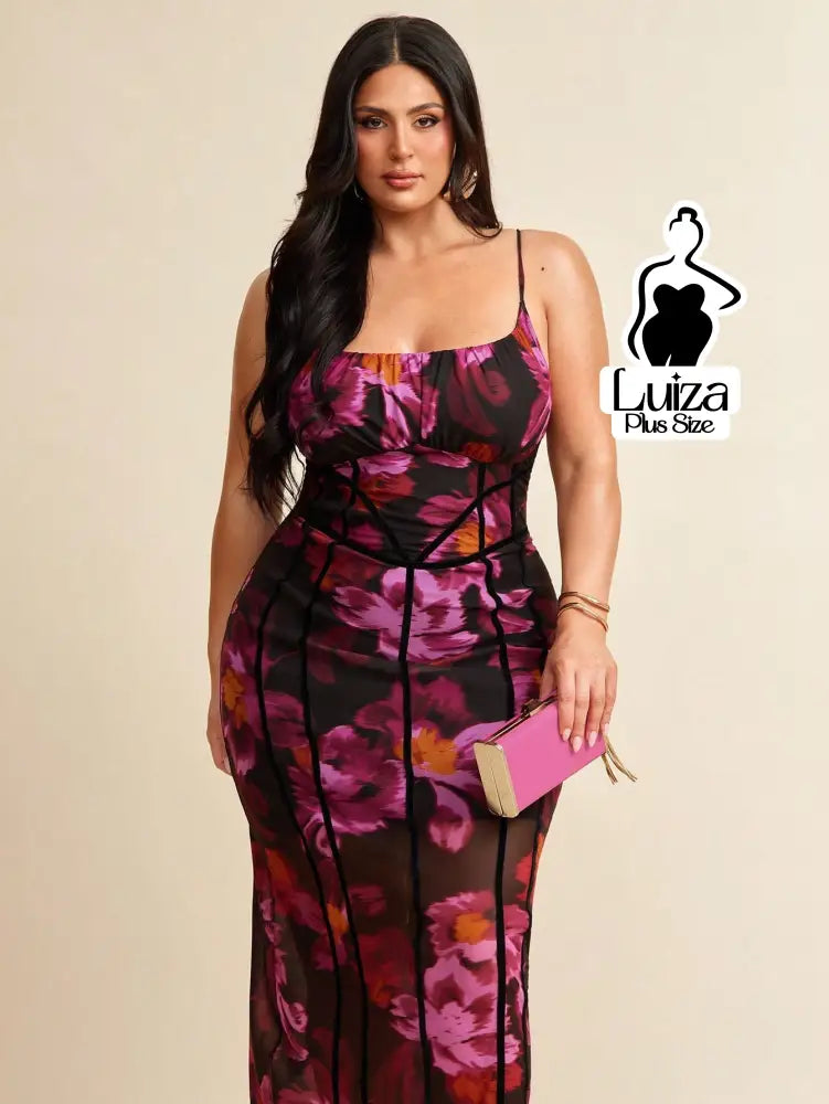 Vestido Longo Estampado Floral Recortes Transparência Plus Size
