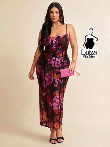 Vestido Longo Estampado Floral Recortes Transparência Plus Size