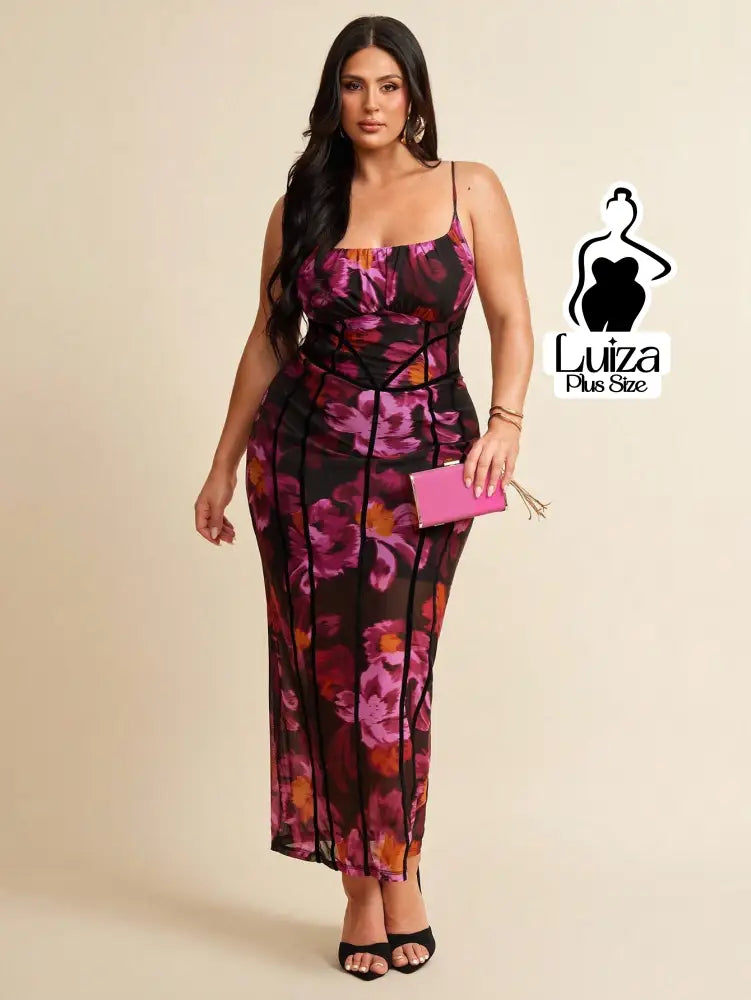 Vestido Longo Estampado Floral Recortes Transparência Plus Size