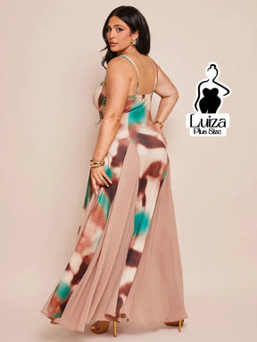 Vestido Longo Estampado Saia Fluida Alça Fina Plus Size