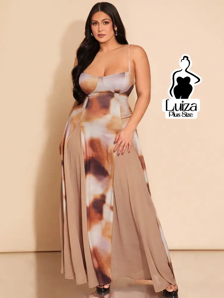 Vestido Longo Estampado Saia Fluida Alça Fina Plus Size