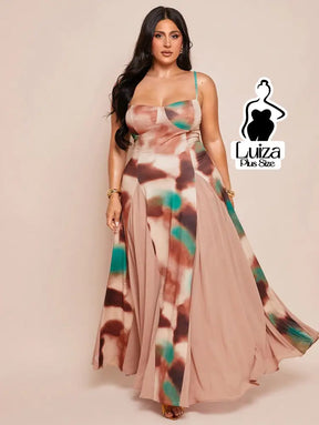 Vestido Longo Estampado Saia Fluida Alça Fina Plus Size