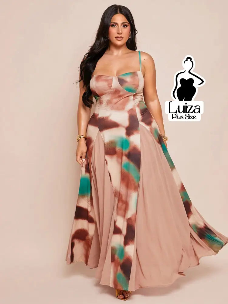 Vestido Longo Estampado Saia Fluida Alça Fina Plus Size