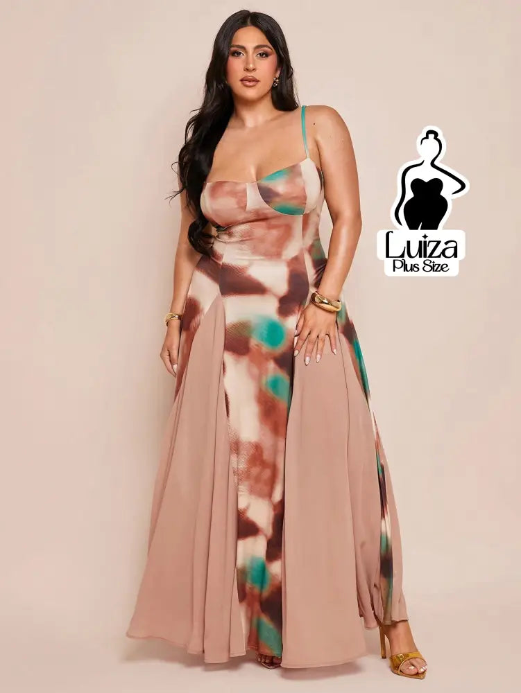 Vestido Longo Estampado Saia Fluida Alça Fina Plus Size